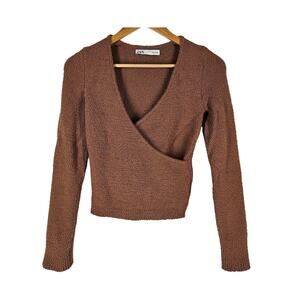 ZARA WOMEN'S BOUCLÉ BROWN WAIST WRAP SWEATER - SIZE MEDIUM - SHERPA FEEL